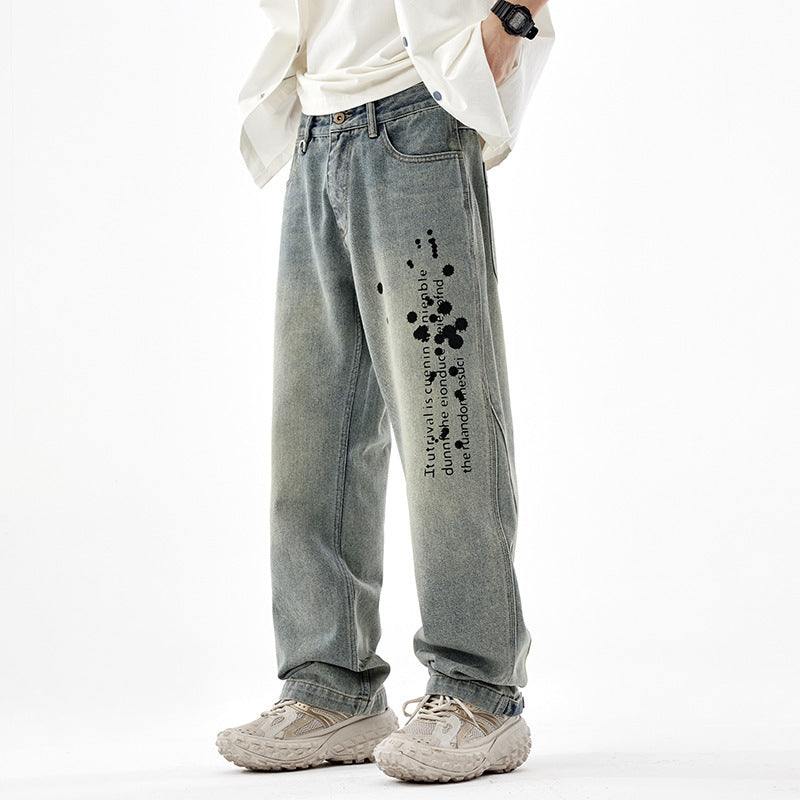 Men's Washed Old Loose Wide-leg Straight Pants