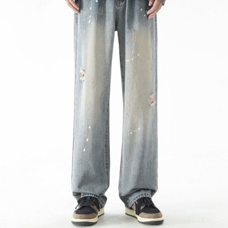 Water Washed Hole Jeans Men's Straight-leg Trousers