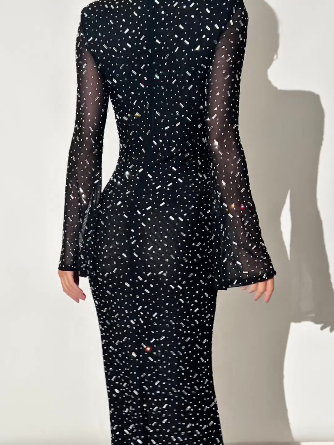 Black Long Sleeve Slim Fit Sparkling Rhinestone Dress