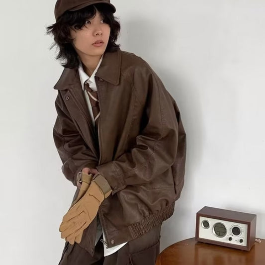 Japanese-style Retro Distressed Lapel Pu Jacket