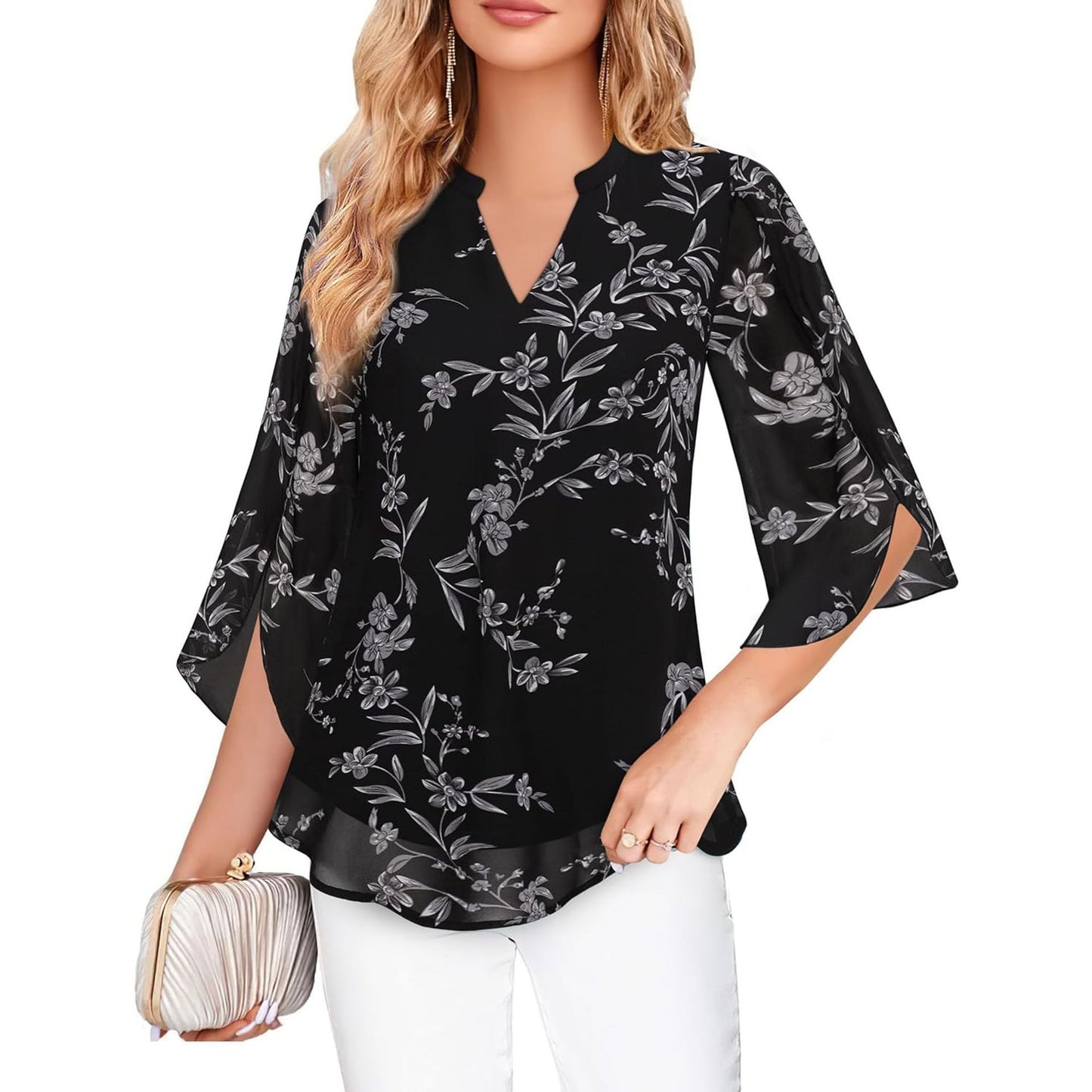 Women's Petal Sleeve Top Loose V-neck Chiffon Shirt