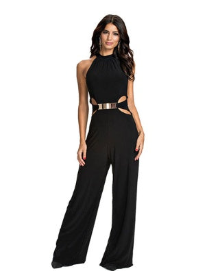 Fashion casual stitching long-sleeved high-neck flared pants black sling jumpsuit