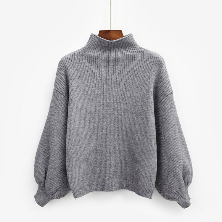 Half Turtleneck Lantern Sleeve Sweater Loose Slim Looking Base Knitwear