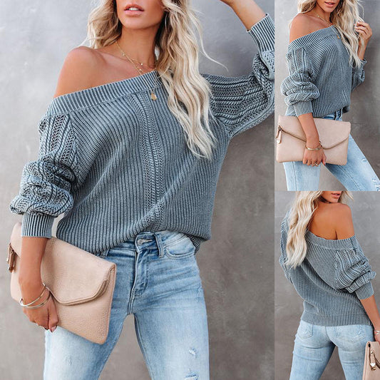 Solid Color Loose V-neck Lantern Sleeve Long Sleeve Sweater