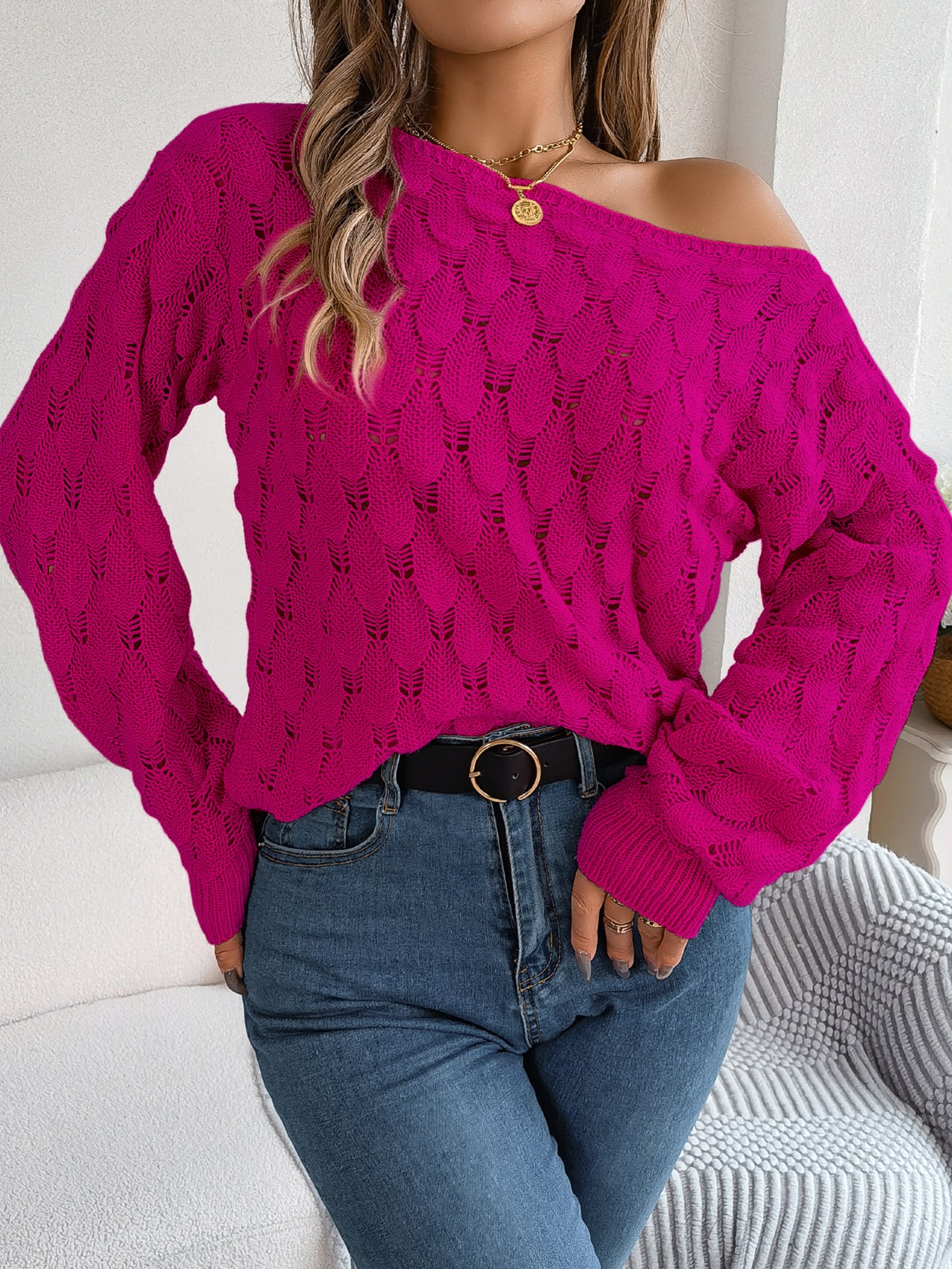 Hollow-out Off-neck Off-the-shoulder Lantern Sleeve Sweater