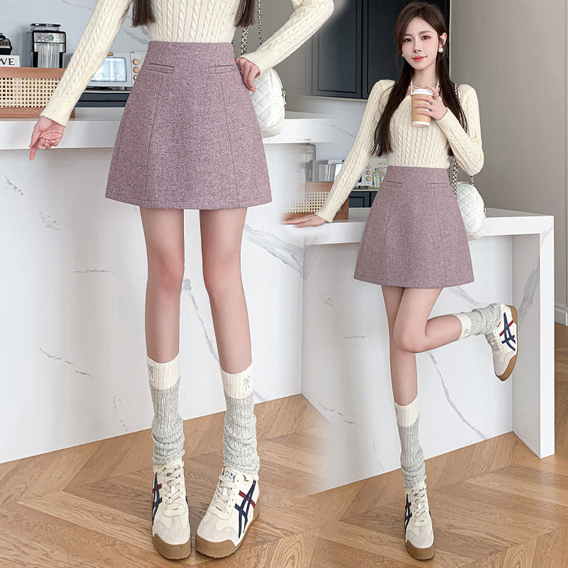 Woolen Skirt Women's Winter New Woolen Line Skirt High Waist Anti-exposure Shorts