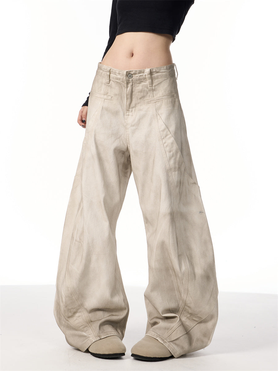 Retro Distressed Dirty White Wide Leg Pants Casual Trousers