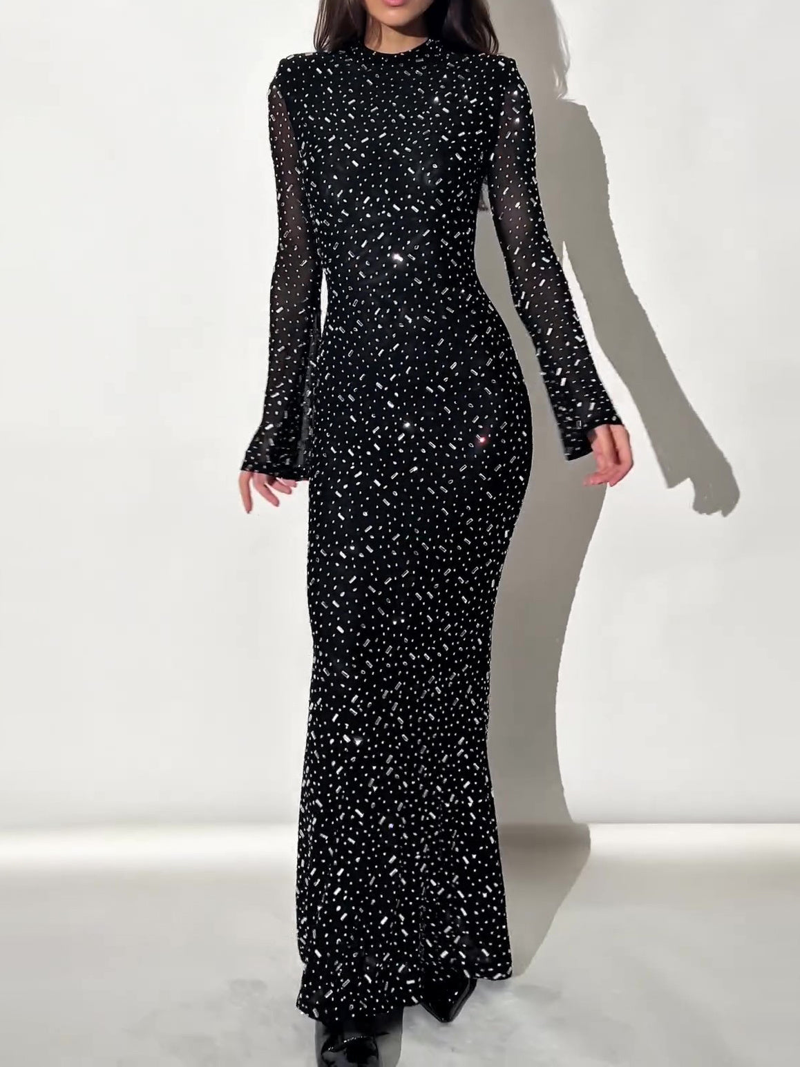 Black Long Sleeve Slim Fit Sparkling Rhinestone Dress