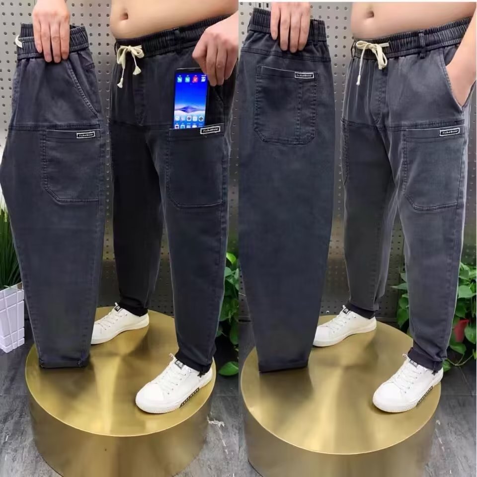 Spring Plus Size Loose Straight Casual Pants Solid Color Denim Trousers