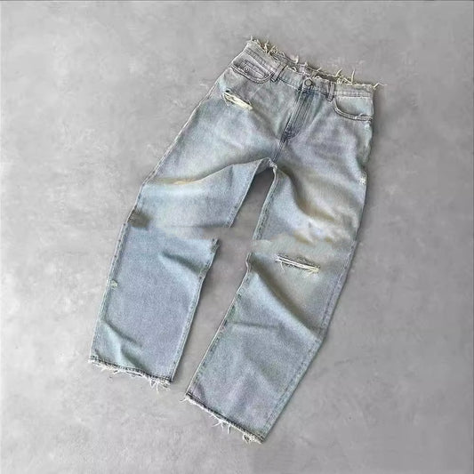 Straight Embroidery Men's Jeans European And American Ripped