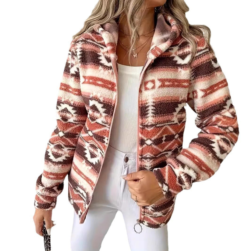 Fashion Casual Geometric Pattern Printed Hooded Zipper Jacket