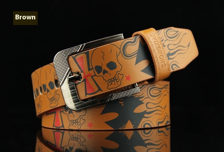 Pin Buckle Men's Leather European Hip Hop Skull Casual Belt