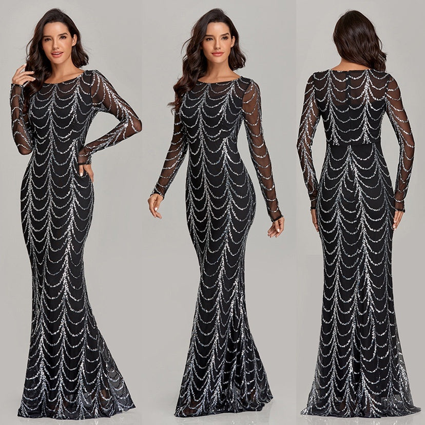 Sequins Women Maxi Dresses Long Sleeve Female Party Dresses