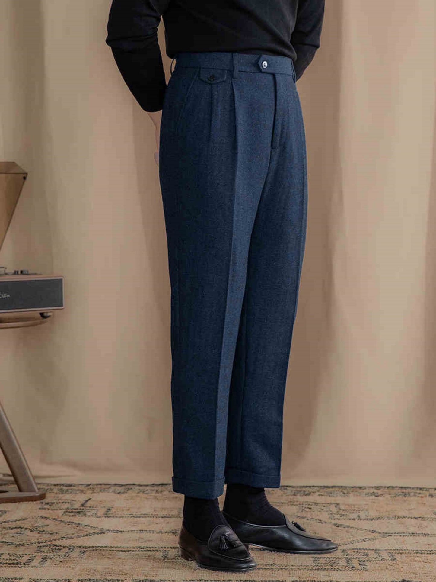 Retro British Wool Herringbone Trousers