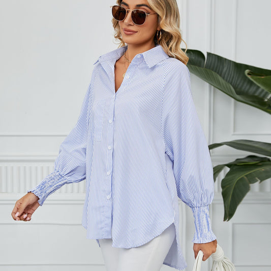 Women's Cuff Pleating Loose Striped Shirt Top