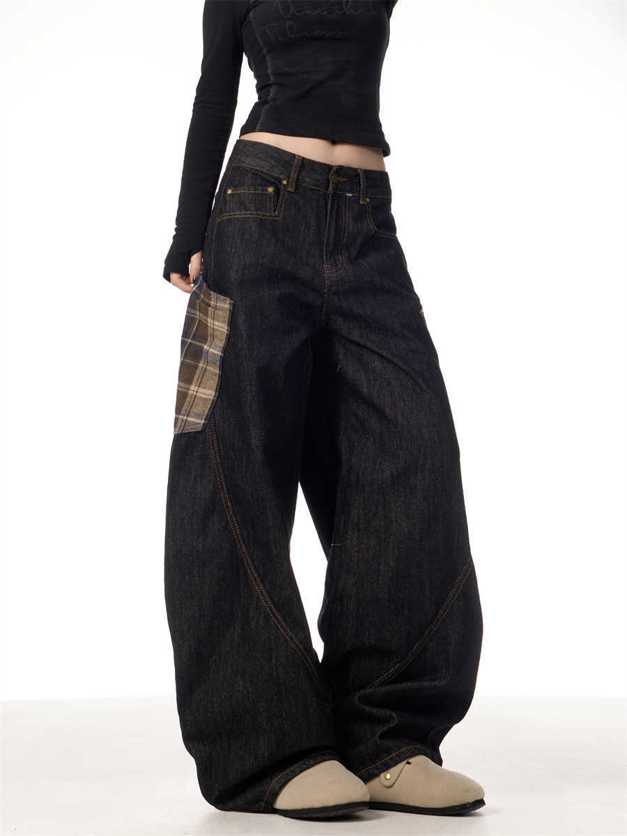 Retro Plaid Stitching Jeans Women's Straight Wide-leg Pants