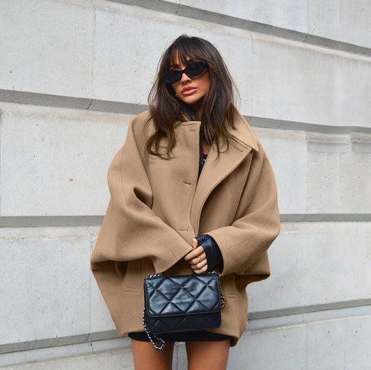 Fashion Brown Lapel Batwing Sleeve Coat