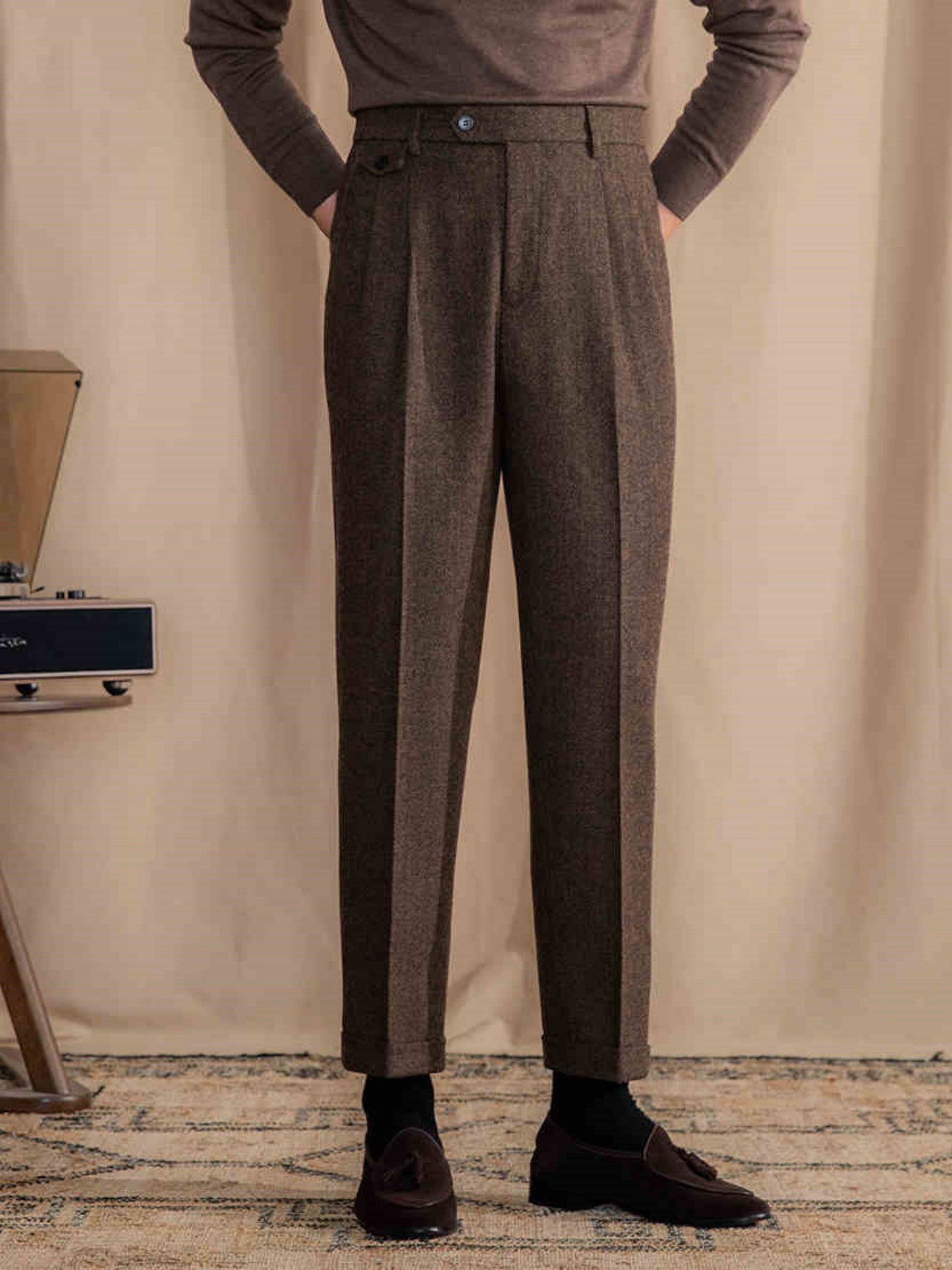 Retro British Wool Herringbone Trousers