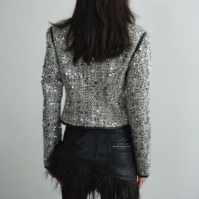 Retro Modern Urban Style Low Collar Sequined Fashionable Short Coat