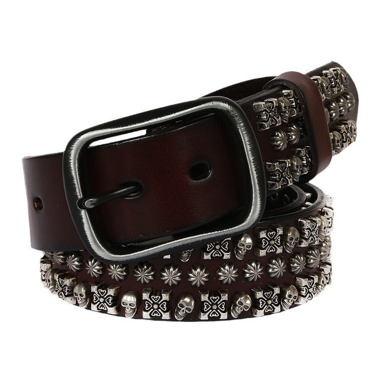 First Layer Cowhide Men Punk Belt Skull Rivet Personalized Street Non-mainstream Niche