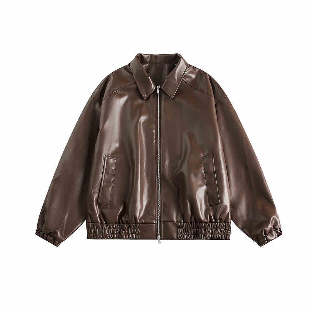 Brown Motorcycle PU Leather Coat Female Loose Jacket