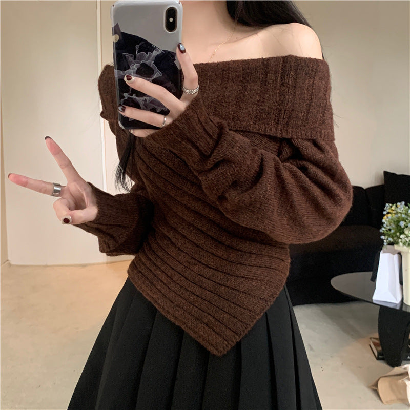 Lazy Style Long Sleeve Off-shoulder Sweater For Women