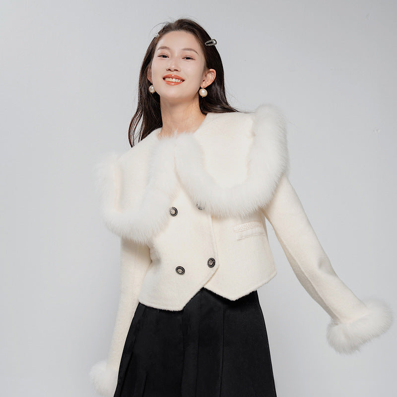 Fox Fur Lapel Sweet Small Short High Waist Woolen Coat