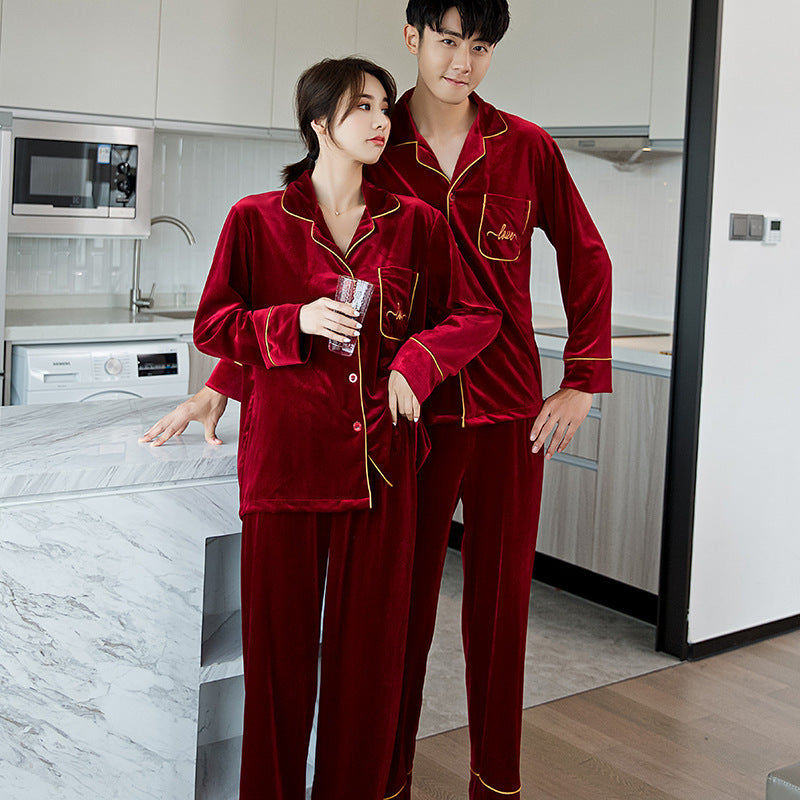 Couple Pajamas Women's Spring And Autumn Men's Long-sleeved Red Gold Velvet Home Wear