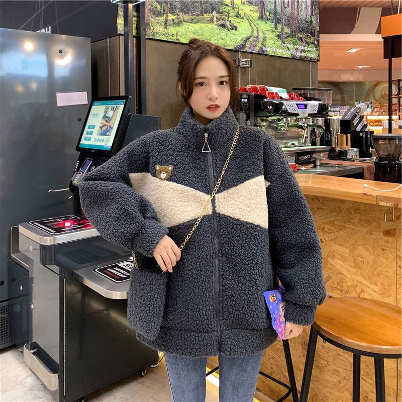 Lamb Wool Plus Velvet Jacket Female Design Sense Contrast Color