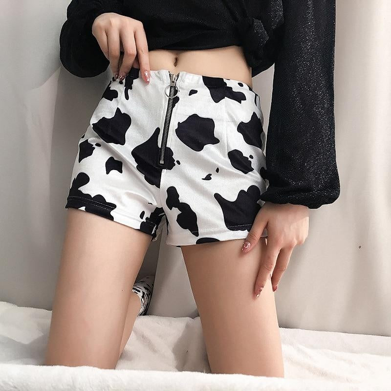 Fashion cow print slim zipper shorts women's casual pants