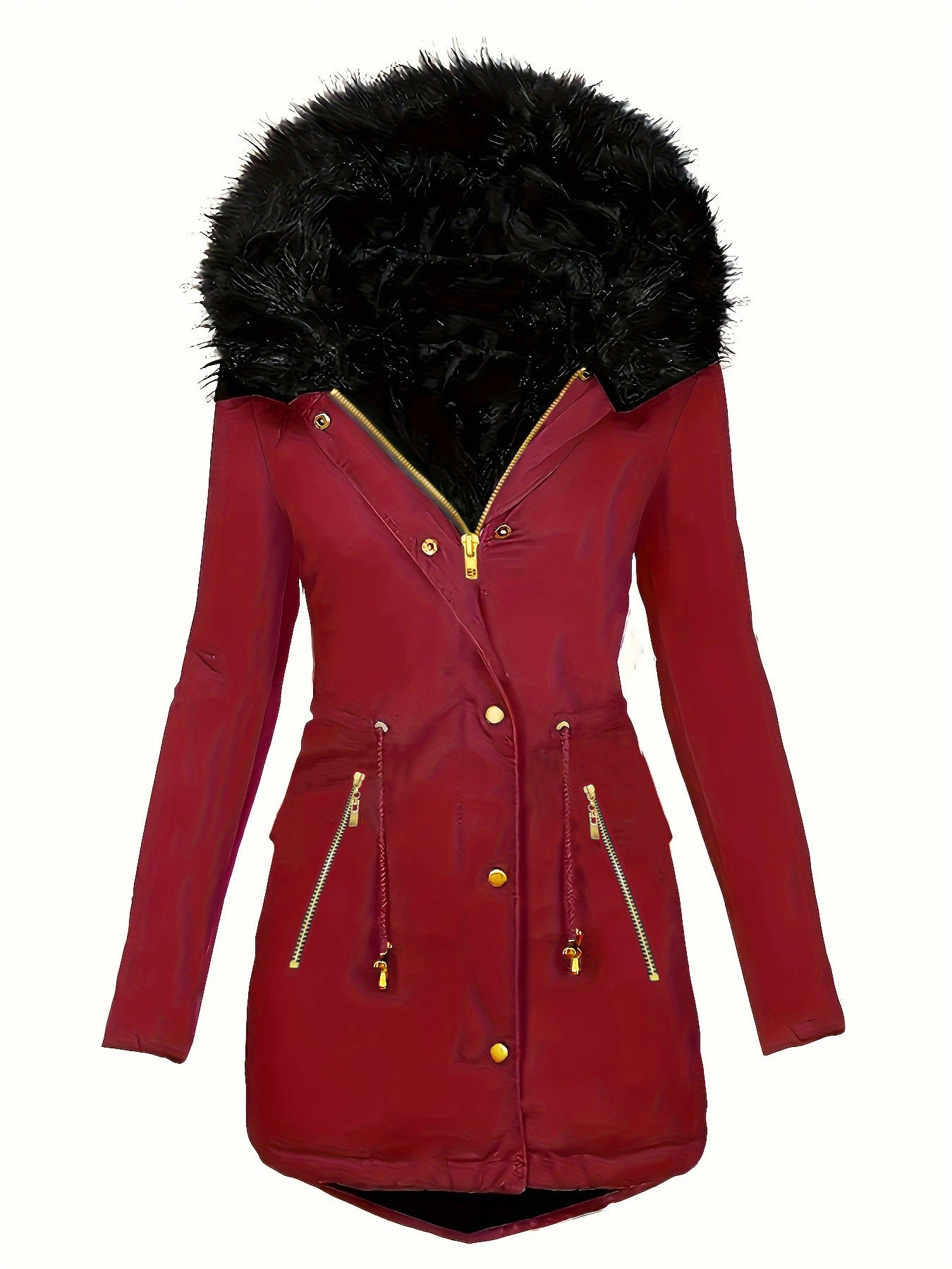 Zipper Faux Fur Decorative Hat Fur Coat Long Sleeve Oblique