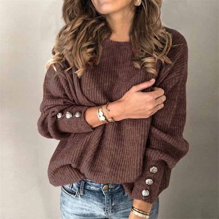 Long Sleeve Round Neck Button Knit T-shirt