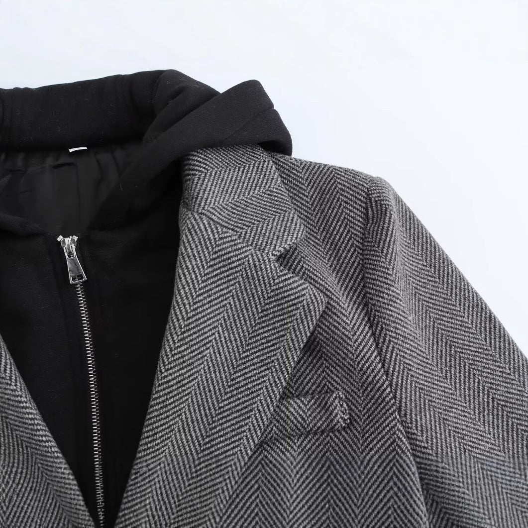 Hooded Stitching Herringbone Twill Loose Suit Jacket