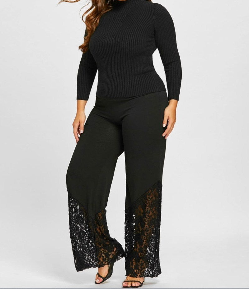 Plus Size Women's Casual Stitching Lace Plump Girls Wide-leg Pants