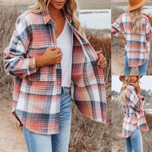 Casual Women's Lapel Loose Plaid Mid-length Blouse