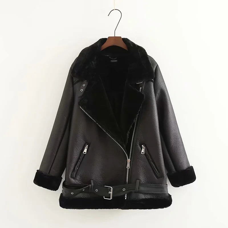 Jacket Tops Women's Trendy Belt PU Leather Jacket