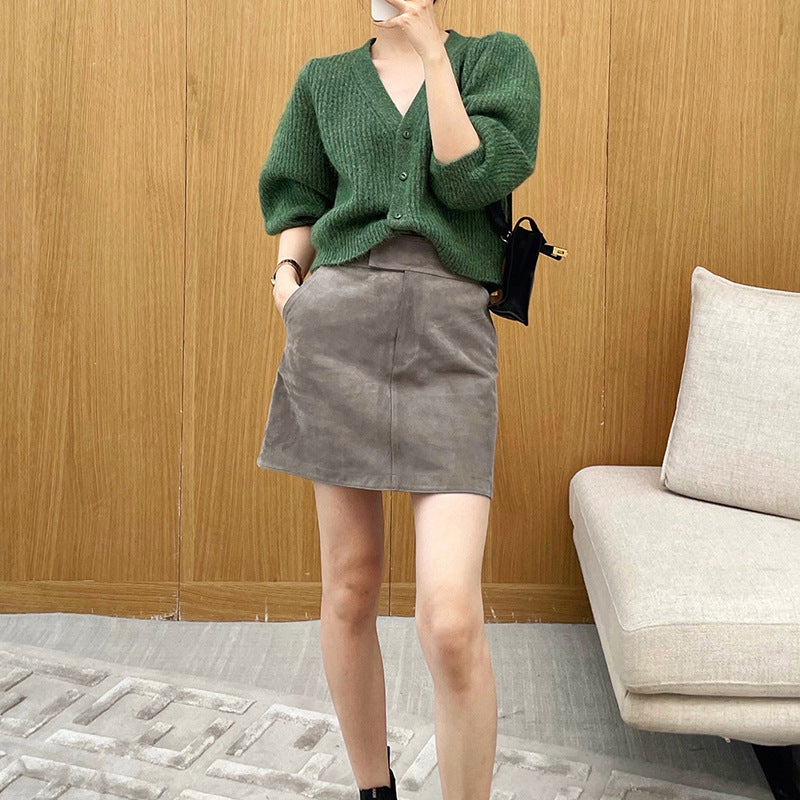 Genuine Leather Spring And Autumn New Simple High Waist Sheath Skirt