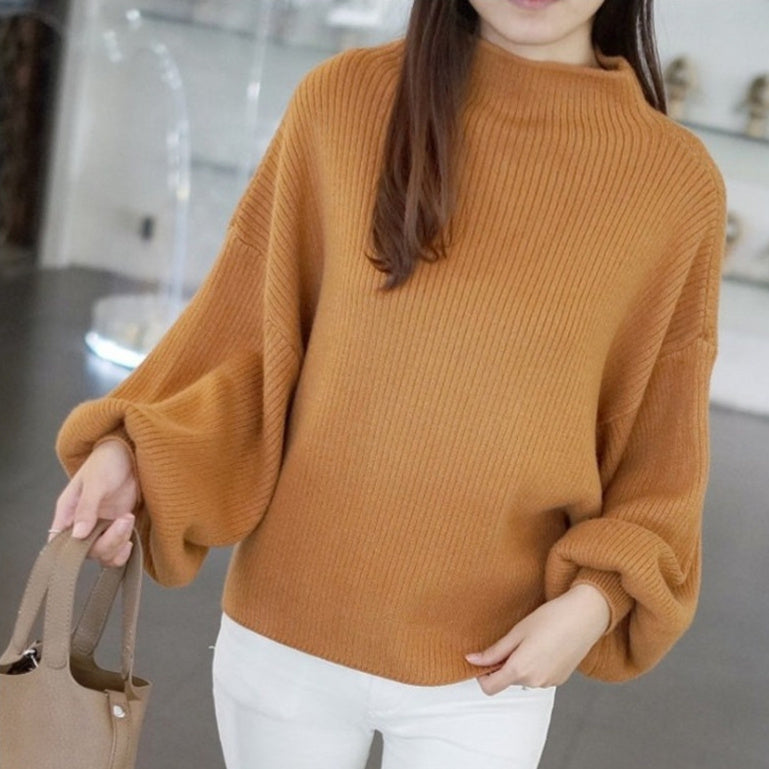 Half Turtleneck Lantern Sleeve Sweater Loose Slim Looking Base Knitwear