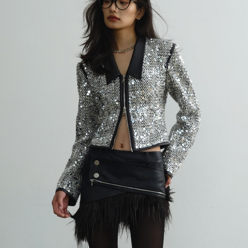 Retro Modern Urban Style Low Collar Sequined Fashionable Short Coat