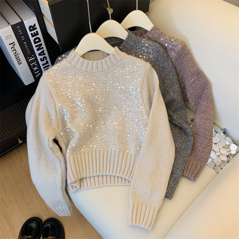 Autumn And Winter New Round Neck Heavy Embroidery Sequins Knitwear Top For Women