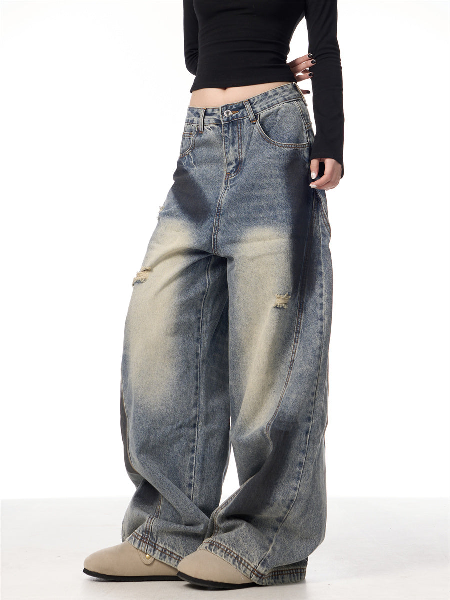 Splash Ink Ripped Machete Jeans For Women Loose-fitting Wide-leg Trousers