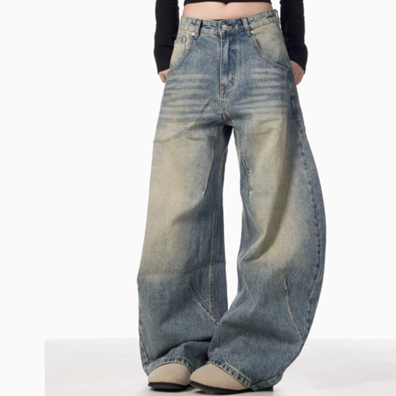 American Retro Washed Distressed Loose Wide-leg Jeans For Women