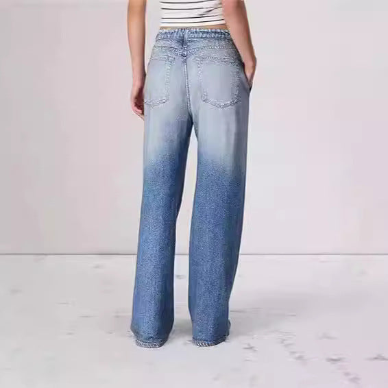 Retro Mid-waist Women's Jeans Loose Wide-leg Plus Size Straight-leg Pants