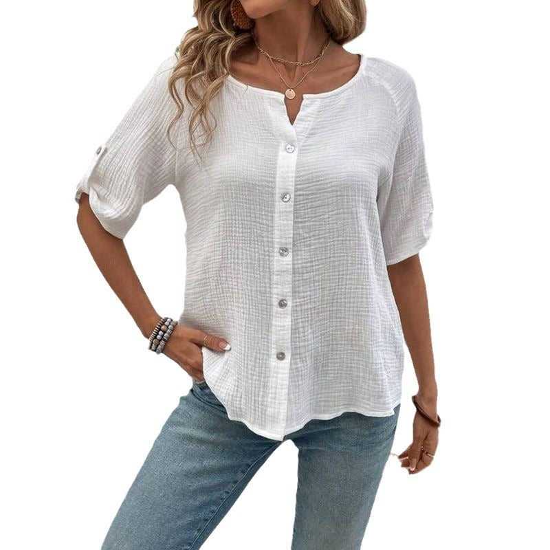 European And American Summer Women's Fashion Solid Color Short Sleeve Button White Shirt