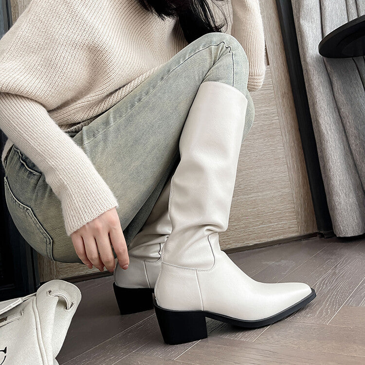 British Style Square Toe Mid-heel Thick Heel White Cowhide High Leg Boot Back Zipper