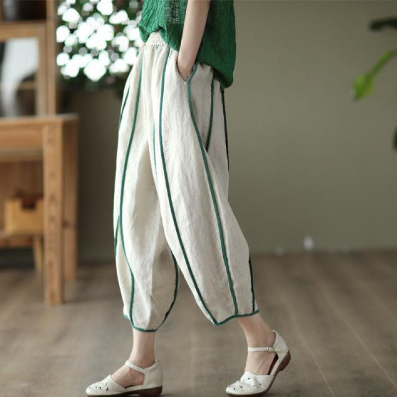 Summer Thin Striped Cotton And Linen Cropped Pants For Women