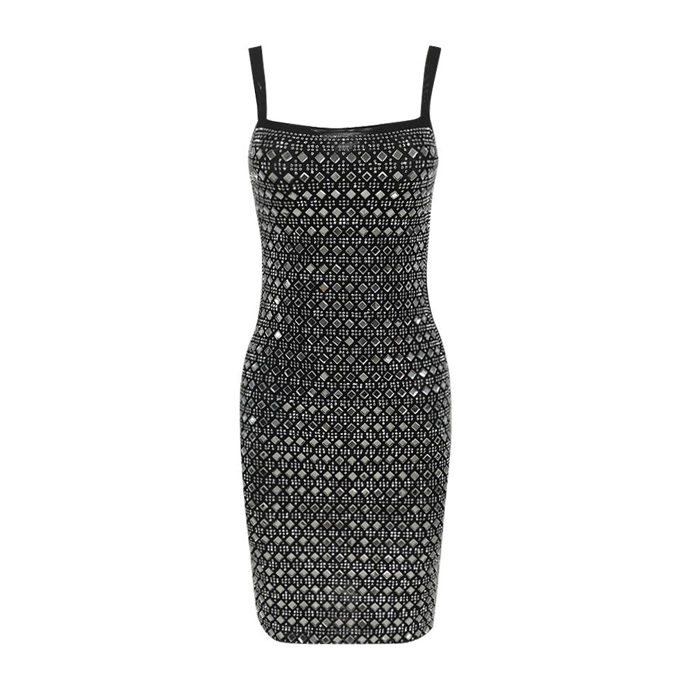 Rhinestone Mesh Sling Short Dress