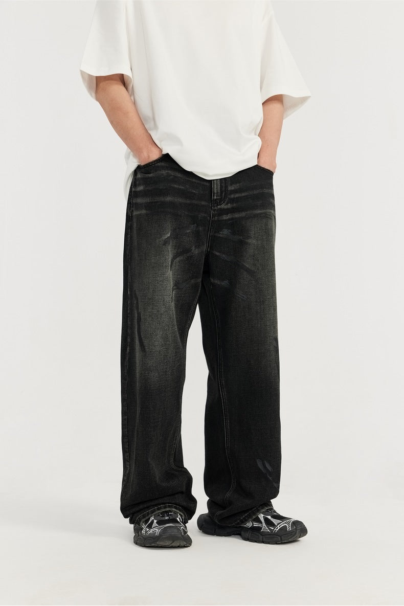 Distressed Loose Straight Retro Brushed Wide Leg Jeans