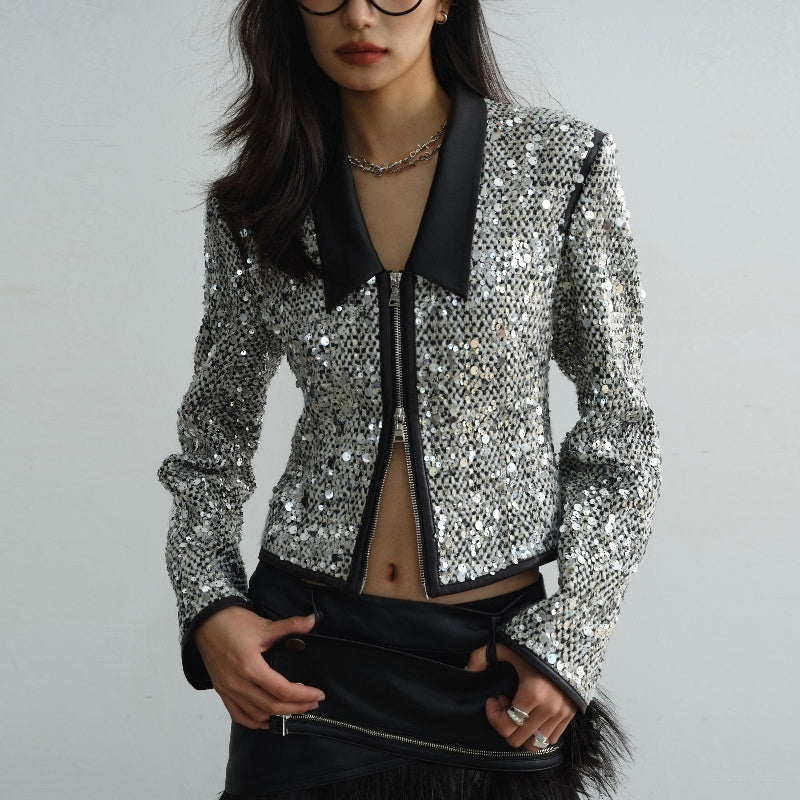 Retro Modern Urban Style Low Collar Sequined Fashionable Short Coat