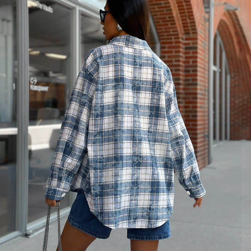 Loose Classic Long-sleeved Plaid Polyester-cotton Pocket Shirt